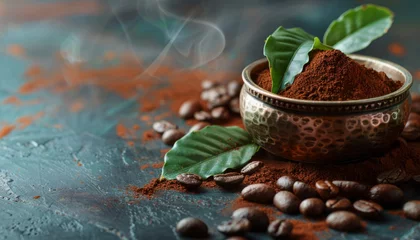 Fotobehang coffee beans on a dark table, ground coffee for a drink. © Ренат Хисматулин