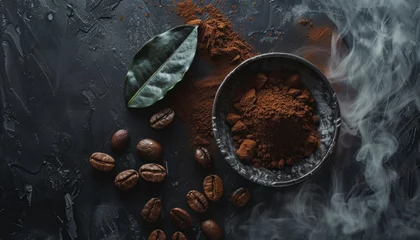  coffee beans on a dark table, ground coffee for a drink. © Ренат Хисматулин