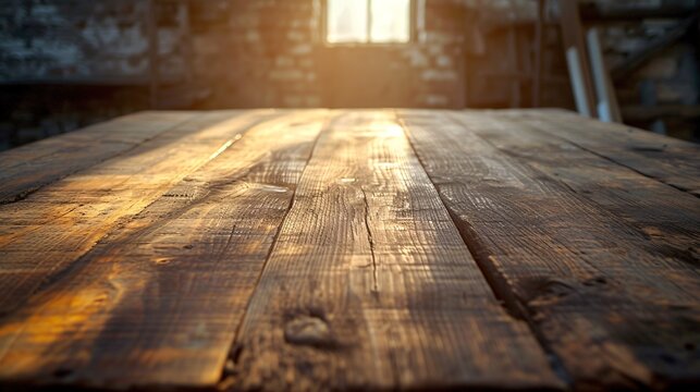 Vintage wooden table and workshop setting. Retro-style photo with natural light and contrasting shadows.