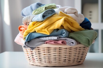 Laundry Day: Wicker Basket with Clean Clothes - obrazy, fototapety, plakaty