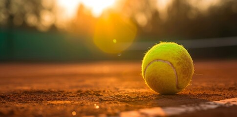 Bright greenish-yellow tennis ball bouncing energetically on a well-trodden clay court.
