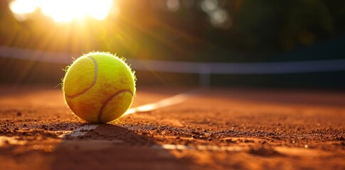 Well-worn clay court with a bright greenish-yellow tennis ball bouncing energetically.