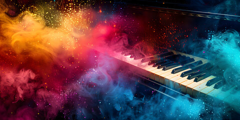 Piano with Colorful Smoke Coming Out, Creating Vibrant Music Atmosphere generative AI