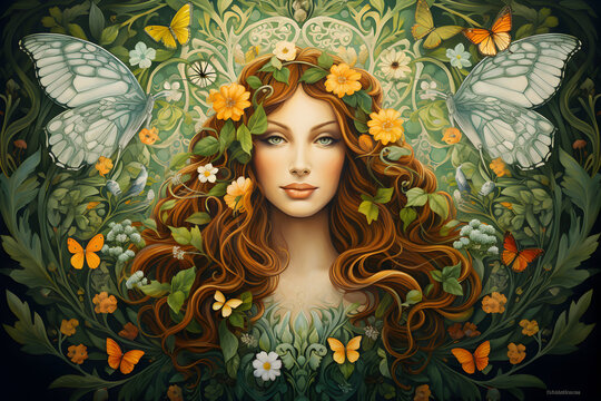 Art painting of a happy woman with flowers and butterflies in her hair