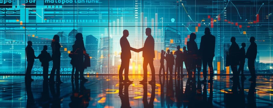 Silhouetted businesspeople shaking hands in a futuristic city with reflective surfaces and financial data overlays, conveying collaboration and success, for corporate events or financial seminar