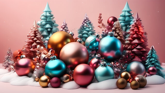 Colorful Xmas background realistic design objects - Christmas winter festive composition. Generative AI. V-2