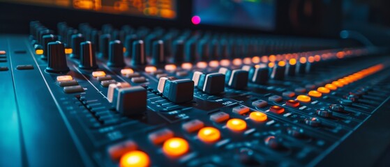 Close-up of an audio mixing console with illuminated controls in a recording studio, suitable for music production and event preparation.