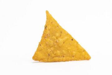 Crispy corn tortilla nachos chips front view isolated on white background clipping path