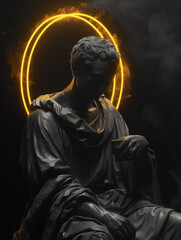 Fototapeta na wymiar Evangeline Lilly in Androgynous Art: Neon Gold Halo and Ancient Statue Aesthetics in Surreal Black and White