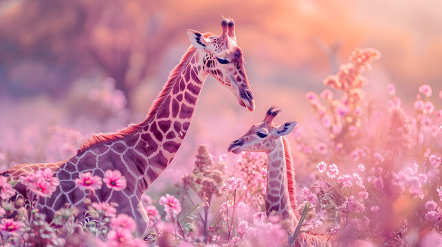 Cinematic photograph of jiraffe and baby in a field full of blooming flowers. Mother's Day. Pink and purple color palette.