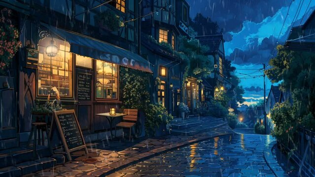 Lofi rainy cafe at night. seamless looping 4k time-lapse animation video background