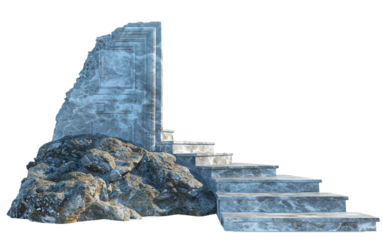 A Staircase Climbing to a Door Elevated in the Sky Isolated on Transparent Background.
