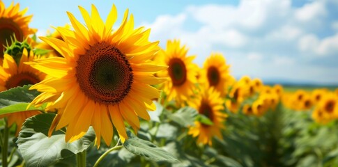 Obraz premium Sunflowers in full bloom transform the field into a lively and colorful texture.