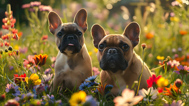 Cinematic photograph of french bulldog and baby in a field full of colorful blooming flowers. Mother's Day.