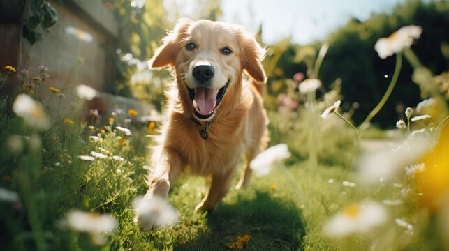 A golden retriever joyfully bounds through a garden, a picture of carefree delight and playful spirit, set against a bright, floral backdrop thats perfect for themes of springtime