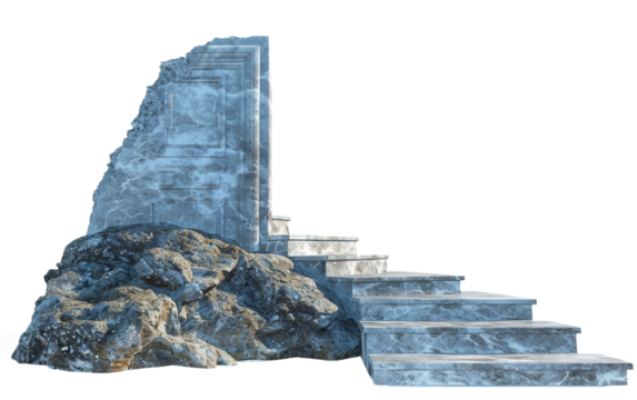 A Staircase Climbing to a Door Elevated in the Sky Isolated on Transparent Background.