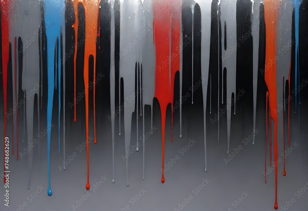 Poster vibrant yellow, blue, and red paint drips cascade down a grey background, creating a striking abstra