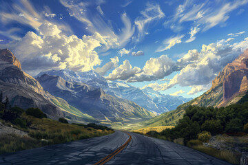 An image of a road in the mountains with clouds and blue sky