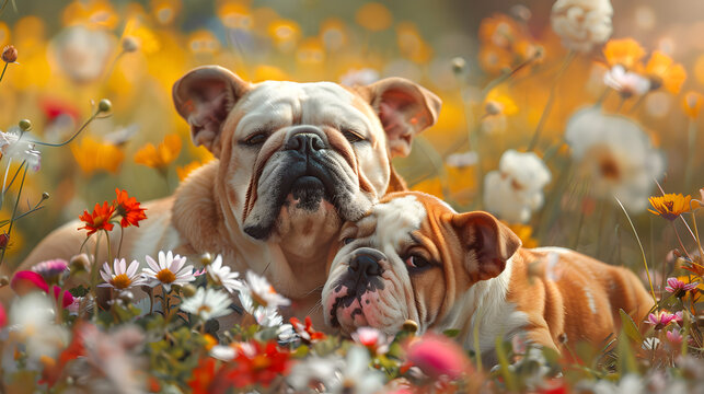 Cinematic photograph of english bulldog and baby in a field full of colorful blooming flowers. Mother's Day. - Powered by Adobe
