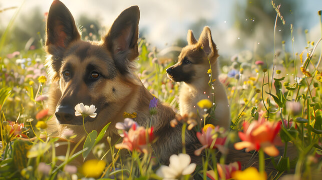 Cinematic photograph of German sheppard dog and baby in a field full of colorful blooming flowers. Mother's Day.