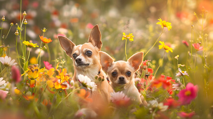 Cinematic photograph of chiuaua dog and baby in a field full of colorful blooming flowers. Mother's Day.