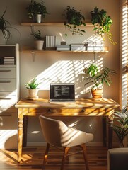 Cozy room, work space filled with sunlight, with wooden desk and laptop with coding on screen. Shelves with books and plants.