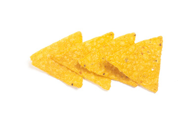 Group of crispy corn tortilla nachos chips isolated on white background clipping path
