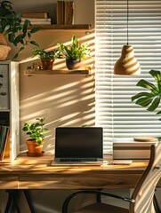 Warm room, work space filled with sunlight, with wooden table near window, laptop with black screen. Shelves with books and plants.