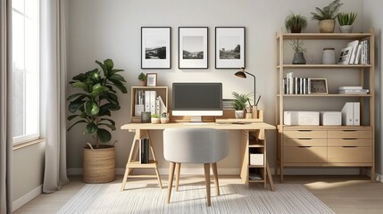 Modern and minimalist home office filling with sunlight. Wooden desk with computer monitor, small...