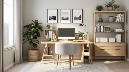 Fototapeta premium Modern and minimalist home office filling with sunlight. Wooden desk with computer monitor, small desk lamp, stationery holders and decorative items.