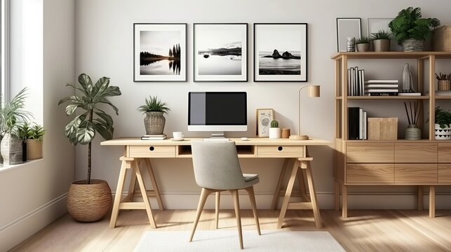 Modern and minimalist home office filling with sunlight. Wooden desk with computer monitor, small desk lamp, decorative items and plants
