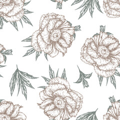 A botanical summer pattern with hand-painted peonies, delicate in gray and pink colors for design, scrapbooking and fabrics. Vector seamless pattern with floral elements on a white background