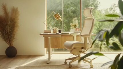 Minimalist home office in sunlight. Desk near giant window, with books and stationery on it, beige comfortable chair, decorative and planted plants