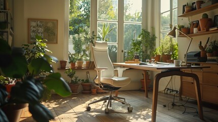 Cozy home office in sunlight, with many planted plants. Desk standing by big window. Comfortable...