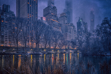Snowing over W 59th Street and The Pond at Central Park - Green