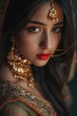 Fototapeta na wymiar Eye-catching Portrait of an Indian Woman Adorned with Traditional Jewelry. Fictional Character Created By Generated By Generated AI.