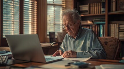 Senior man sitting at desk, working with papers and laptop. Home office with warm light, bookshelf...