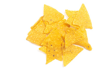 Fototapeta premium Group of crispy corn tortilla nachos chips isolated on white background clipping path