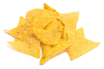 Group of crispy corn tortilla nachos chips isolated on white background clipping path
