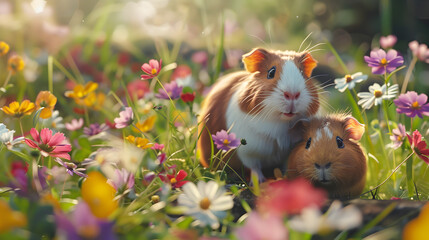 Cinematic photograph of guinea pig and baby in a field full of colorful blooming flowers. Mother's Day.