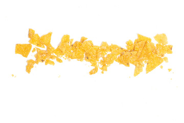 Crashed of crispy corn tortilla nachos chips with crumble isolated on white background clipping path