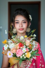 Fototapeta premium Beautiful woman wearing traditional Indian clothing holds a vase of flowers. Fictional Character Created By Generated By Generated AI.