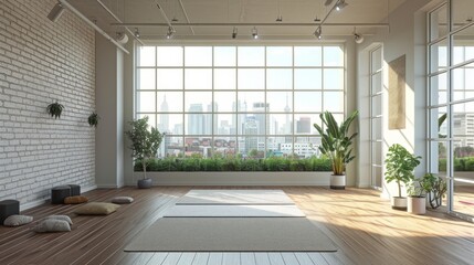 Fototapeta premium Experience the serenity of a sun-drenched yoga haven within a modern white gym interior, a perfect space for tranquility and fitness.