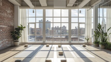 Obraz premium Explore the tranquility of a sun-drenched yoga haven with a modern white gym interior, inviting serenity into the realm of fitness.