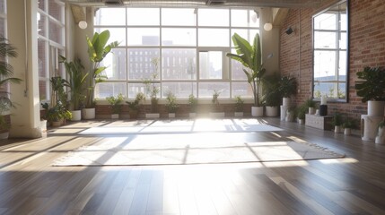 Obraz premium Bask in the sunlight of a yoga haven, surrounded by a modern white gym interior, a perfect blend of tranquility and fitness.