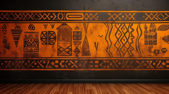 Fototapeta Starożytna mozaika azteków boho - ściana z kolorowych ornamentowych wzorków. Afrykańskie kształty.  Pomarańczowe i niebieskie odcienie