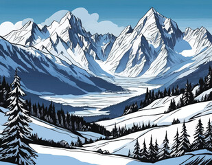 Snowy mountain range surrounded by fir trees. 
