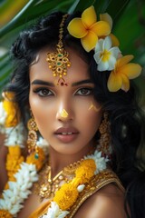 Fototapeta premium Female Goddess with yellow and gold adornments. Fictional Character Created By Generated By Generated AI.