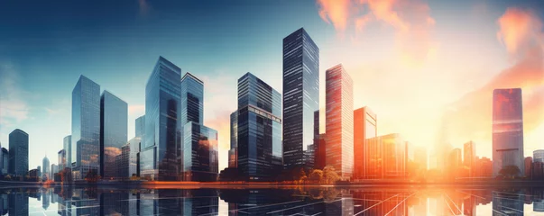 Foto op Aluminium Verenigde Staten Skyscrapers in futuristic city with sunrise.