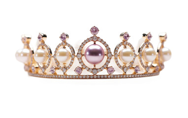 A pearl and diamond tiara glistens under the light, showcasing its intricate design and luxurious materials. The pearls and diamonds are meticulously set in a beautiful arrangement.